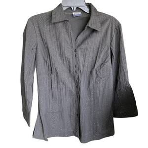 Black silver metallic vintage 3/4 sleeve button front crinkle top Y2K sz XL